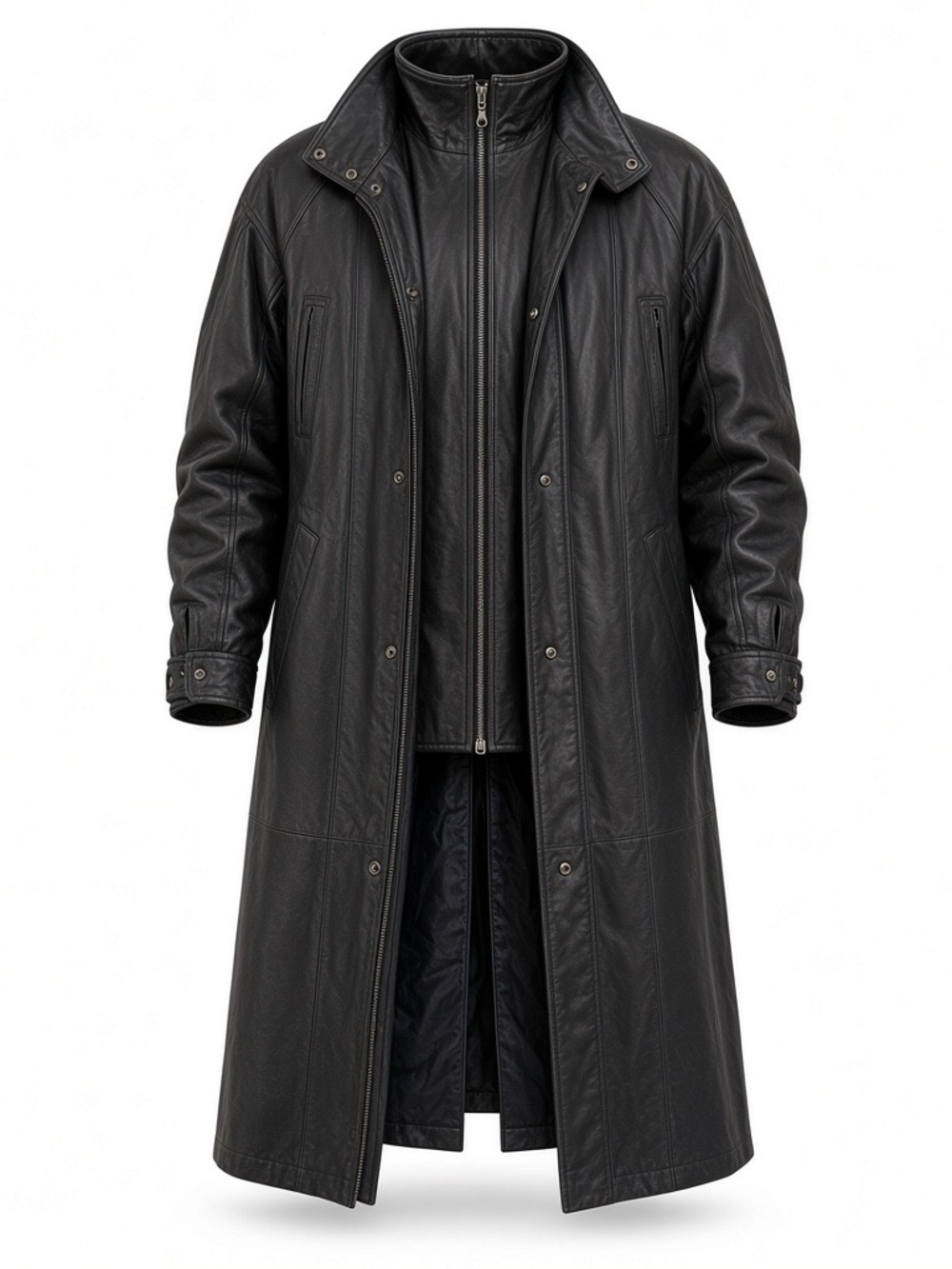Fashion Elements XL Black Leather Long Coat Full Length Y2K Matrix Goth